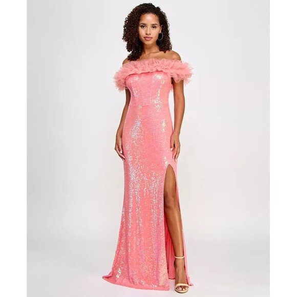 pear culture Juniors' Tulle-Trim Off-The-Shoulder Sequin Gown Party Dress 5/6 - Picture 1 of 13